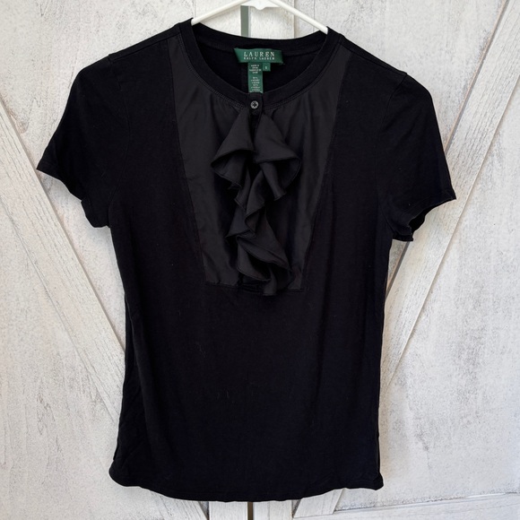 Lauren Ralph Lauren Black Ruffle Front Top Women’s Size Small Short Sleeve - Picture 1 of 6
